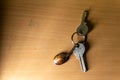 Mumbai, Maharashtra, India - January 2021: Top view of steel house keys attached to a keychain lying on a wooden table