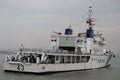 Indian coast guard war ship. Freight vessel of Indian navy. Sea police at shore of Bombay.