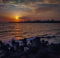 Mumbai Skyline From Girgaon Chowpatty and Marine Drive with sea and sunset