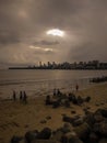 Mumbai Skyline From Girgaon Chowpatty with sea and sunset