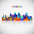 Mumbai skyline silhouette in colorful geometric style.