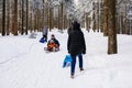 Winter day with snow and happy mother and doughter sleighing the