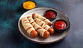 Mummy hot dogs with ketchup and mustard on a plate. Spooky mummy dogs are a real treat on Halloween! Made with hot dogs, crescent