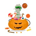 Mummy zombie hand holding candy lollipop in pumpkin basket on white background. Happy Halloween vector illustration, Royalty Free Stock Photo