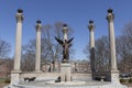 Beneficence statue on the campus of Ball State University. The five pillars represent the Ball brothers with Beneficence