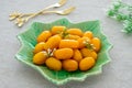 Mung bean marzipan and egg yolk (Med khanoon), Thai dessert Royalty Free Stock Photo