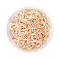 Mung bean sprouts in a white bowl, from above, isolated, on white background Royalty Free Stock Photo