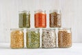 Mung beans, peas, beans, lentils in glass jars Royalty Free Stock Photo