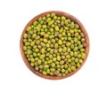 Mung beans in wooden bowl, isolated on white background. Vigna radiata. Top view. Royalty Free Stock Photo