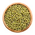 Mung beans in a wooden bowl on white background