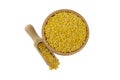 Mung dal or Mung daal bean in wooden bowl and scoop isolated on white background. nutrition. bio. natural food ingredient