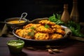 Mungdal bhajiya or yellow split gram fritters served. Chicken Pakora with sauce