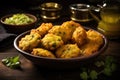 Mungdal bhajiya or yellow split gram fritters served. Chicken Pakora with sauce