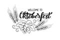 Munich Beer Festival Oktoberfest handwritten text with line art illustration of wheat heads and hop cones