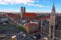 Famous Marienplatz and New City Hall, Cathedral of Our Dear Lady Munich Frauenkirche Royalty Free Stock Photo