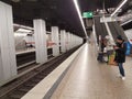 A photo of a old subway train arriving to a deserted  Main Trainstation station in Munich, Germany, in the time of the Corona Royalty Free Stock Photo