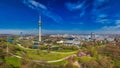 MUNICH, GERMANY - April 3th, 2019: The Olympiapark in panoramic full view - Munich, Germany, tourism hotspot of the
