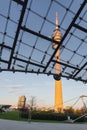 view from Olympiahalle to Olympic Tower in the Olympic Park in Munich, Germany