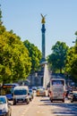 MUNICH, GERMANY, AUGUST 20, 2015: Busy avenue leading towards the golden angel of peace "Friedensengel" in Munich in