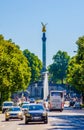 MUNICH, GERMANY, AUGUST 20, 2015: Busy avenue leading towards the golden angel of peace "Friedensengel" in Munich in