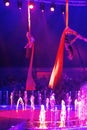 Circus performers perform acrobats on canvases. A cute team performs acrobatic elements in the