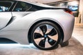 Closeup car wheel BMW i8 electric sports car with logo