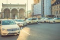 Munich, Germany, December 29, 2016: Many traditional Bavarian taxis at the Odeonsplatz square in the center of Munich