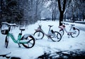 electric bikes under snowfall for the daily commute Royalty Free Stock Photo