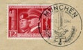 Munich, GERMANY â 30 January 1941: Historical stamp: German-Italian brotherhood in arms, Portraits of Hitler and Mussolini Royalty Free Stock Photo