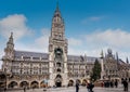 New Town Hall of Munich Neues Rathaus, neo-Gothic style palace in Marienplatz and the Mariensaule Virgin Mary statue Bavaria,