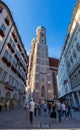 Munich, Germany - July 6, 2022: Looking up at the two towers of the Frauenkirche MÃÂ¼nchen. Cathedral of Our Dear Lady is a