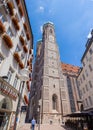 Munich, Germany - July 6, 2022: Looking up at the two towers of the Frauenkirche MÃÂ¼nchen. Cathedral of Our Dear Lady is a Royalty Free Stock Photo