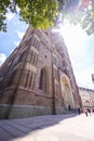 Munich, Germany - July 6, 2022: Looking up at the two towers of the Frauenkirche MÃÂ¼nchen. Cathedral of Our Dear Lady is a