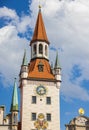 Munich, Germany - July 6, 2022: The new town hall at the Marienplatz, the main square of MÃÂ¼nchen. Low angle view of the massive
