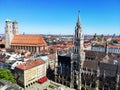 Munich, Germany - June 28, 2019: Marienplatz town hall and Church of Our Lady Frauenkirche of Munich, Germany Royalty Free Stock Photo