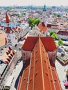 Munich, Germany - June 28, 2019: Scenic aerial view of red roofs in old city of Munich Royalty Free Stock Photo