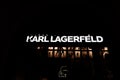 Munich, Germany - May 27, 2019: shop window with sign Karl Lagerfeld close-up, nobody. Fashion concept