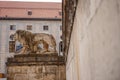 MUNICH, GERMANY, May 27 2019: Statue of a lion in front of public building in Munich, Germany