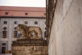 MUNICH, GERMANY, May 27 2019: Statue of a lion in front of public building in Munich, Germany