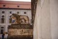 MUNICH, GERMANY, May 27 2019: Statue of a lion in front of public building in Munich, Germany