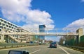 Munich Germany, Modern office buildings with pedestrian bridge-passage over Isarring, highway ring connection to speed up urban tr