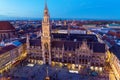 Aerial view of The New Town Hall and Marienplatz at night, Munich, Germany Royalty Free Stock Photo