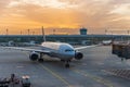 MUNICH, GERMANY - OCTOBER 9. 2023 : United Airlines Boeing 777-222 arriving at gate at Munich Airport MUC. Royalty Free Stock Photo