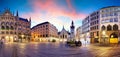 Munich - Germany, Panoramic view of Marienplatz at dramtic sunrise with red clouds - nobody