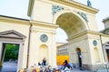 Ornate architectural detail of wall and arched entrance with pr