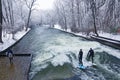 Munich, surfers in winter at Englischer garten