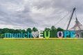 The Munich loves Europe banner in Munich's Olympic Park.