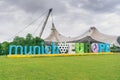 The Munich loves Europe banner in Munich's Olympic Park.