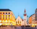 Munich Old Town Hall near Marienplatz town square at night in Munich, Germany. Royalty Free Stock Photo