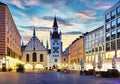 Munich Old town, Marienplatz square and the Old Town Hall tower, Germany, on dramatical sunrise Royalty Free Stock Photo